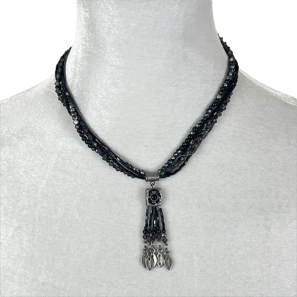 Vintage Necklace Chain and Black Beaded Multi Strand with Tassel Pendant